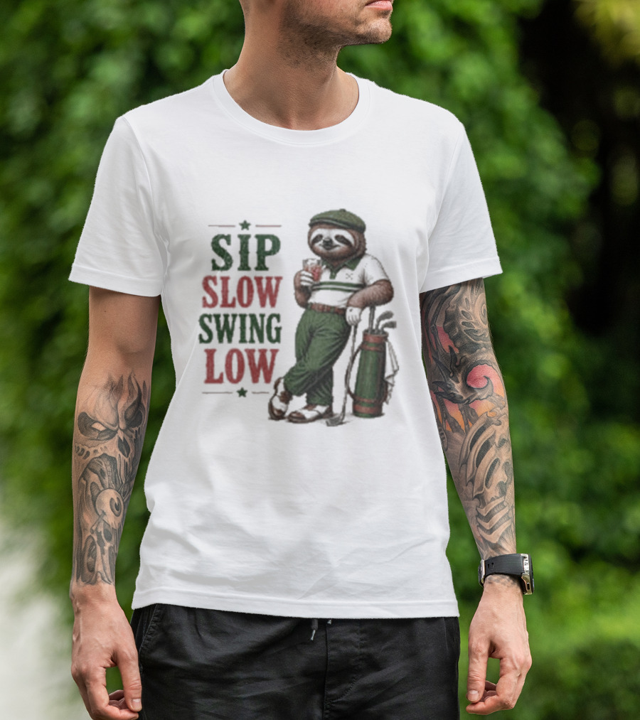 Sip Slow Swing Low Sloth Golfer Drinking Relaxed Golf T-Shirt