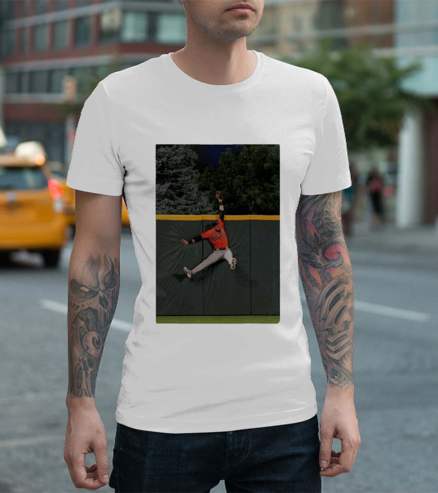 Colton Cowser Catch At Wall Wearing Red O's Jersey In Field Action T-Shirt