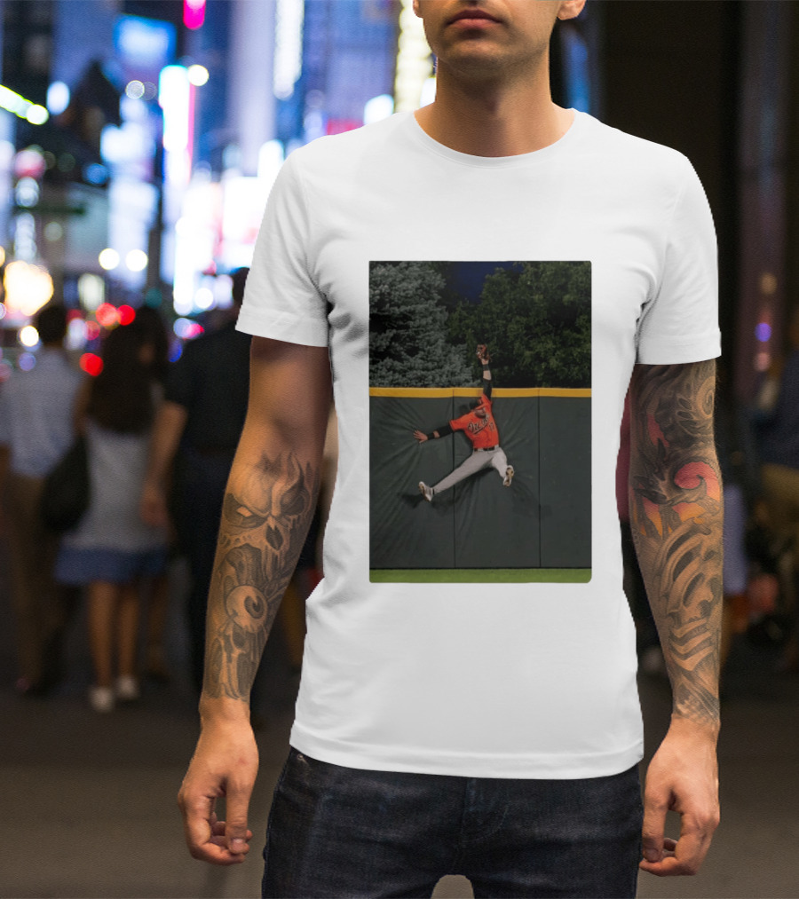 Colton Cowser Catch At Wall Wearing Red O's Jersey In Field Action T-Shirt