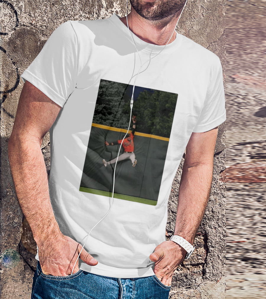 Colton Cowser Catch At Wall Wearing Red O's Jersey In Field Action T-Shirt