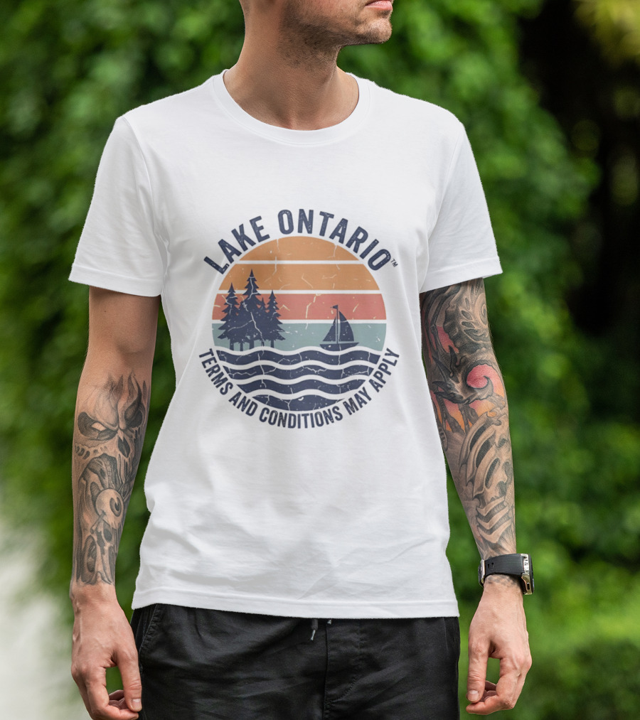 Lake Ontario Terms And Conditions May Apply Sunset Scene With Sailboat And Trees T-Shirt