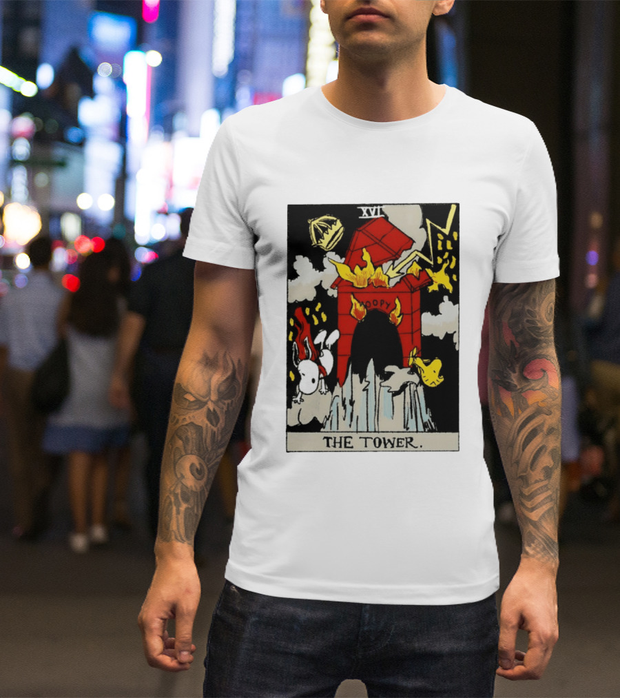 Snoopy The Tower Tarot Card XVII Lightning Flames Clouds Woodstock T-Shirt
