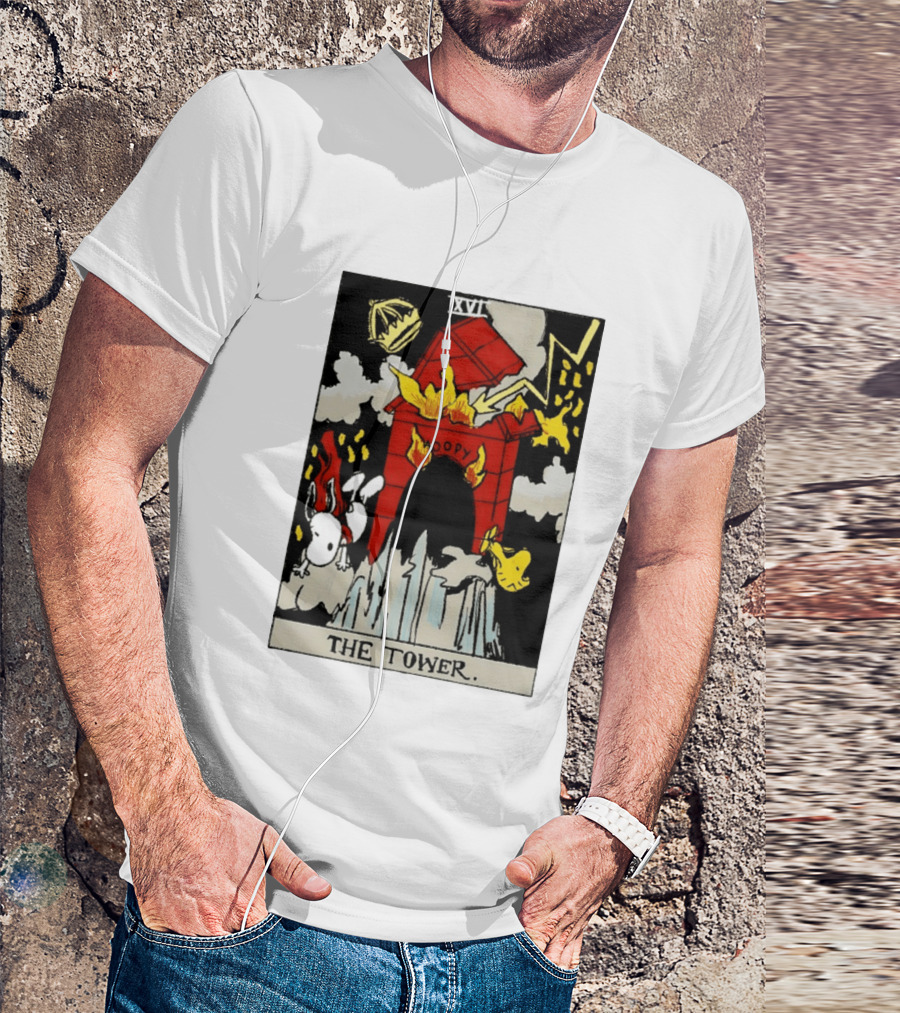 Snoopy The Tower Tarot Card XVII Lightning Flames Clouds Woodstock T-Shirt