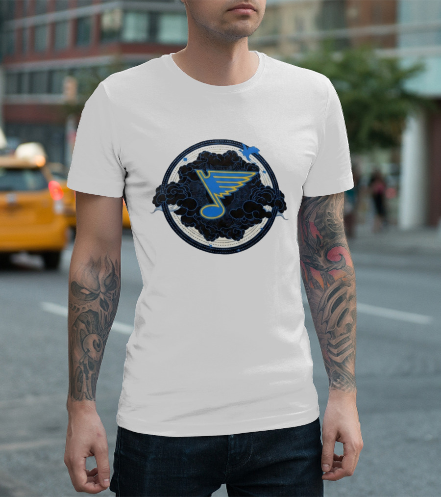 STL Blues Fourth Wing Night 2026 Circle Blue Emblem With Musical Note And Clouds T-Shirt