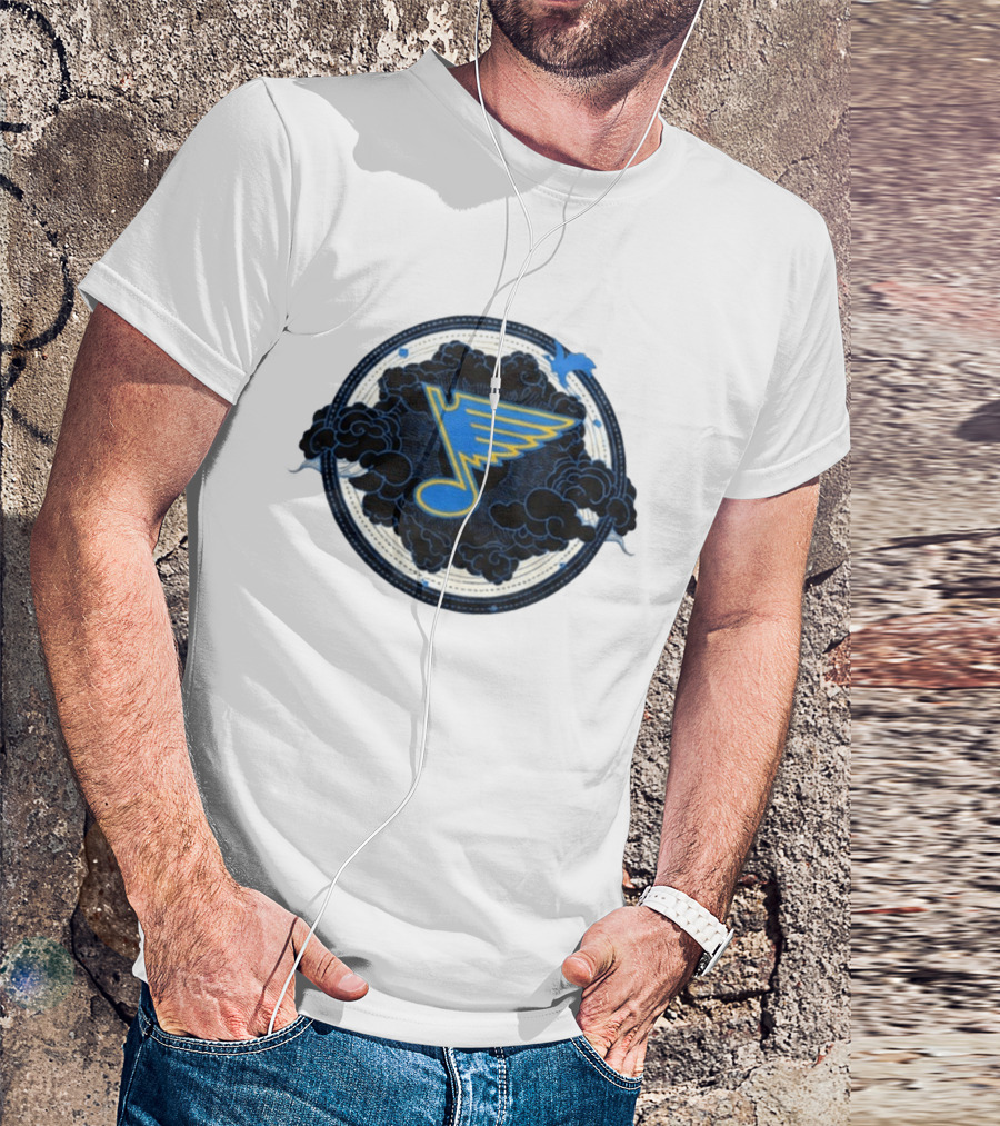 STL Blues Fourth Wing Night 2026 Circle Blue Emblem With Musical Note And Clouds T-Shirt