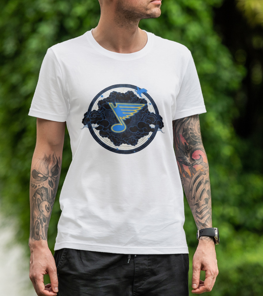 STL Blues Fourth Wing Night 2026 Circle Blue Emblem With Musical Note And Clouds T-Shirt