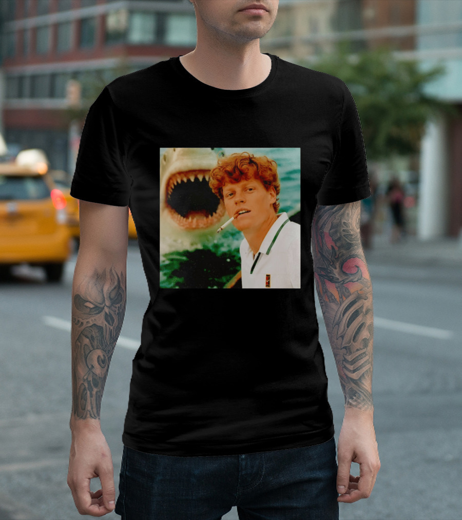 Jannik Sinner Smoking With Jaws Shark Behind T-Shirt