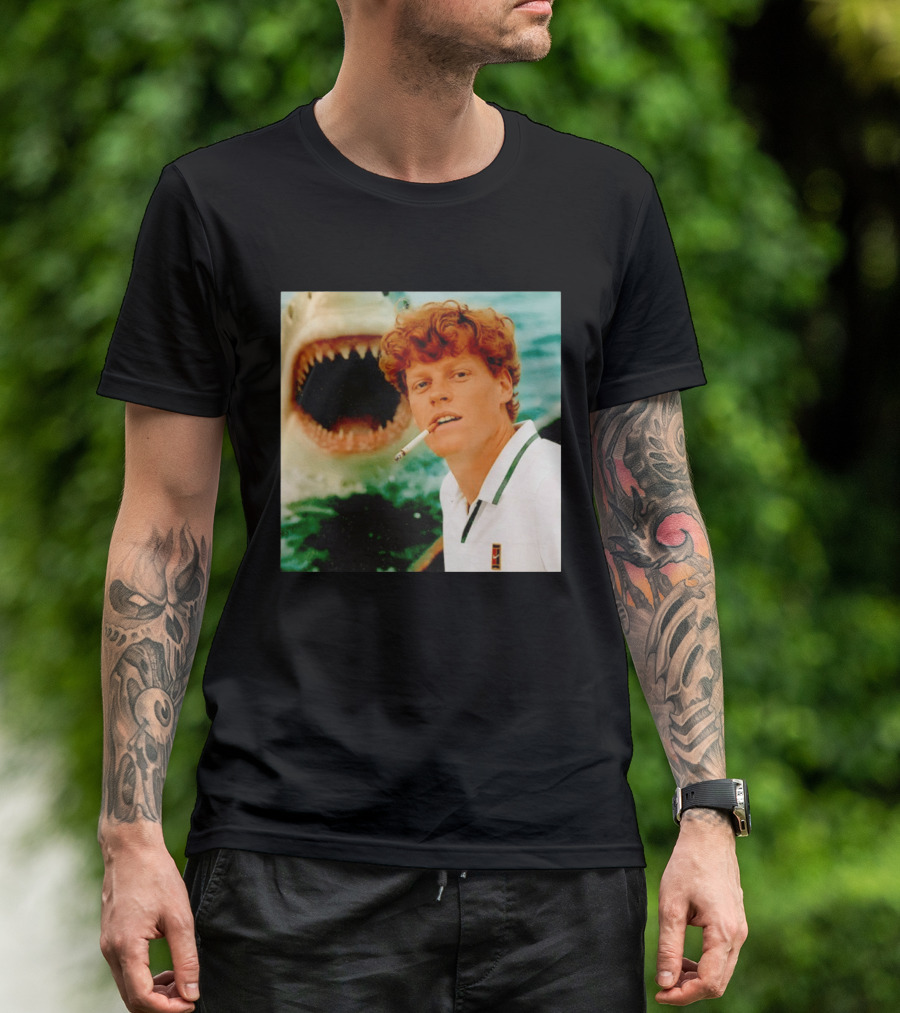 Jannik Sinner Smoking With Jaws Shark Behind T-Shirt