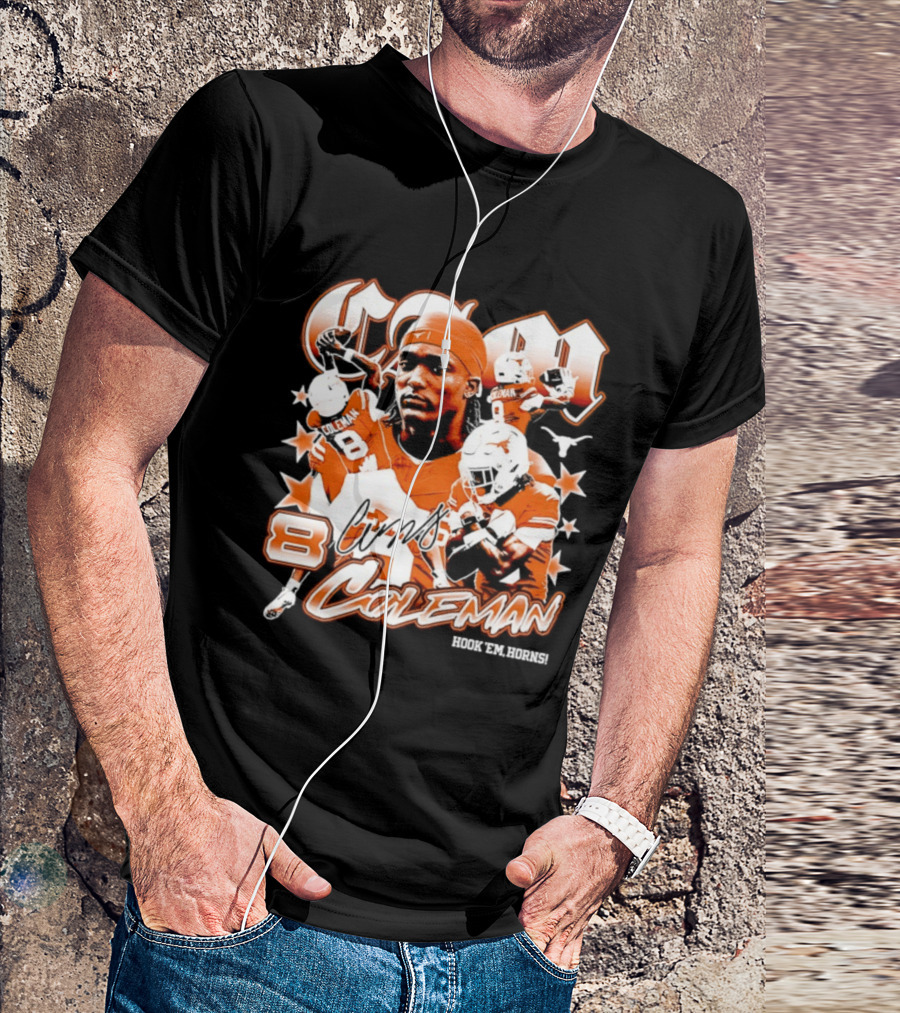 Cameron Coleman 8 Texas Longhorns NCAA Football Star Player Action T-Shirt