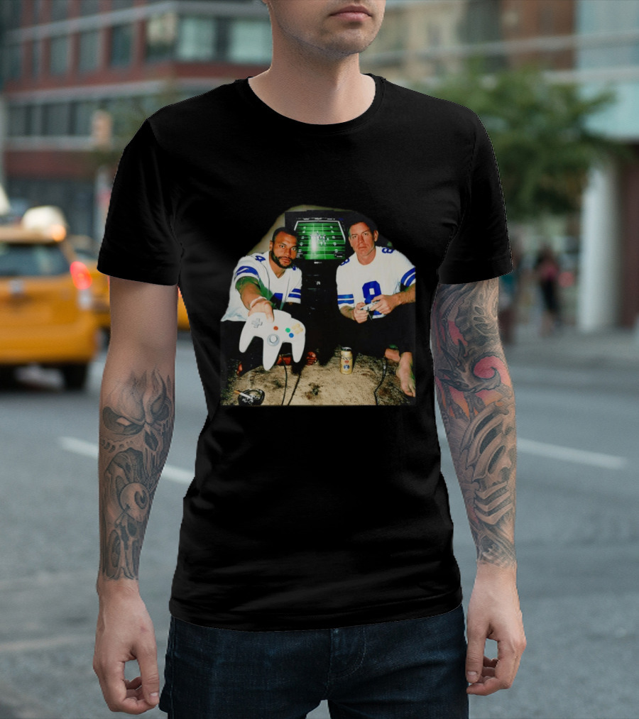 Dak Prescott Troy Aikman Dallas Cowboys Retro Gaming Session T-Shirt