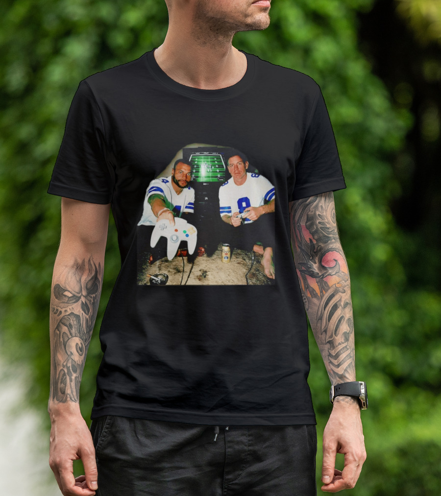 Dak Prescott Troy Aikman Dallas Cowboys Retro Gaming Session T-Shirt
