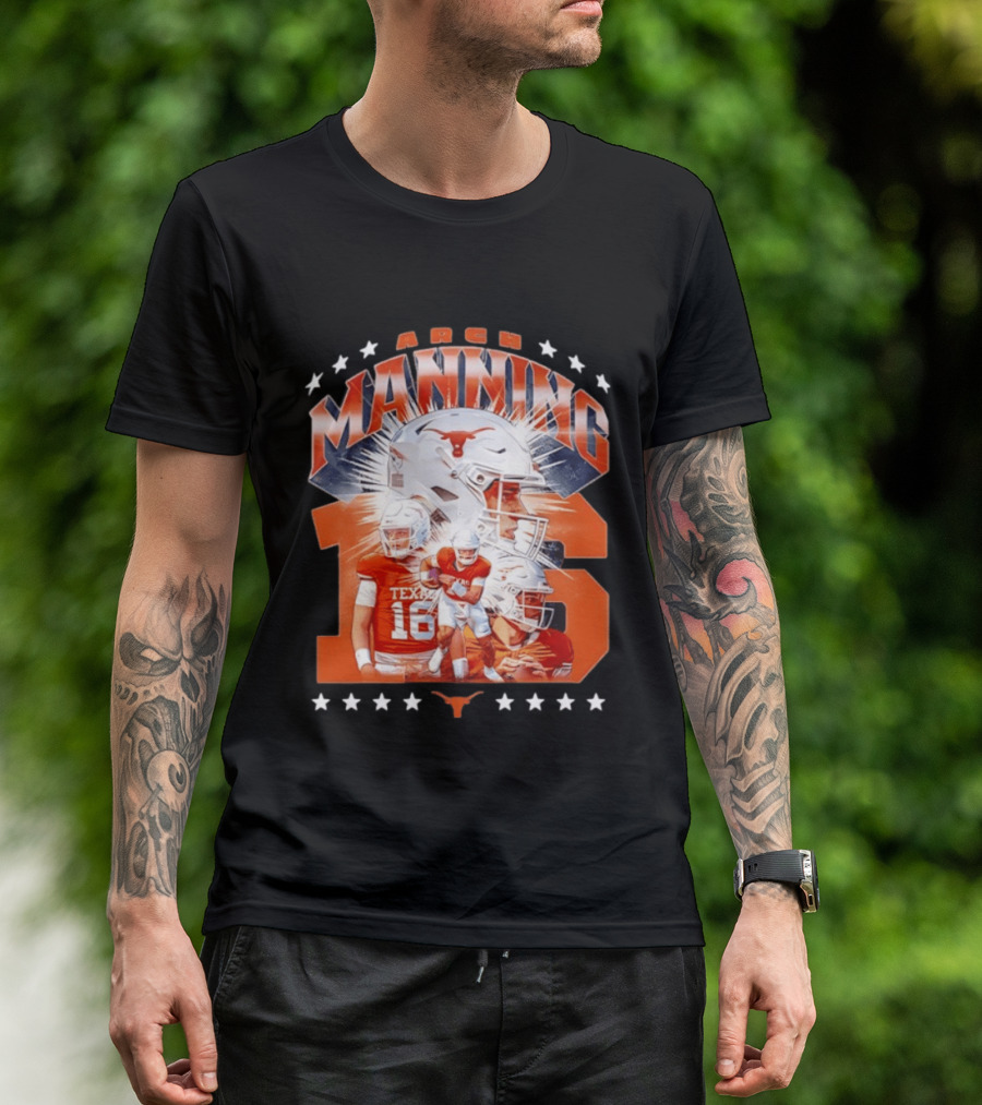 Texas Longhorns Arch Manning NCAA Football Collage Star Player Number 16 T-Shirt