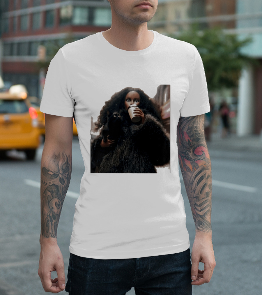 Diana's Cat Club Fashionable Coffee Moment With Furry Coat And Black Cat T-Shirt