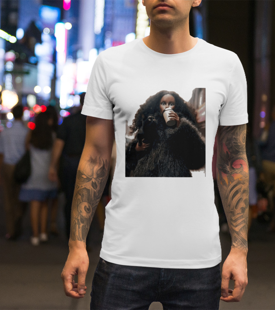Diana's Cat Club Fashionable Coffee Moment With Furry Coat And Black Cat T-Shirt
