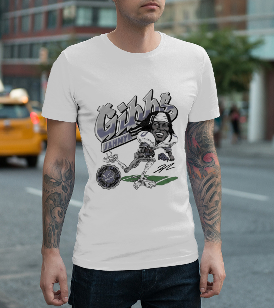 Jahmyr Gibbs Detroit Lions Football Caricature Gibbs Blue Jersey T-Shirt