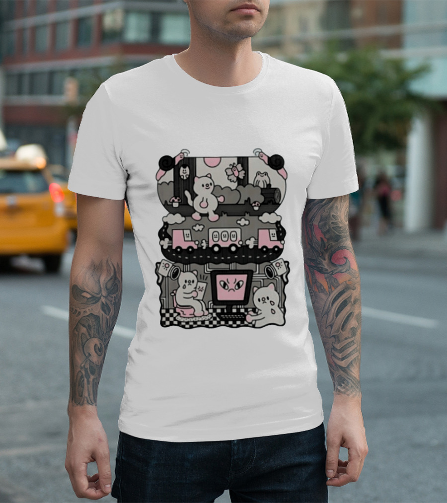 Surveillance Cat Life Internet Digital Computer Monitoring Cute Pink Scene T-Shirt
