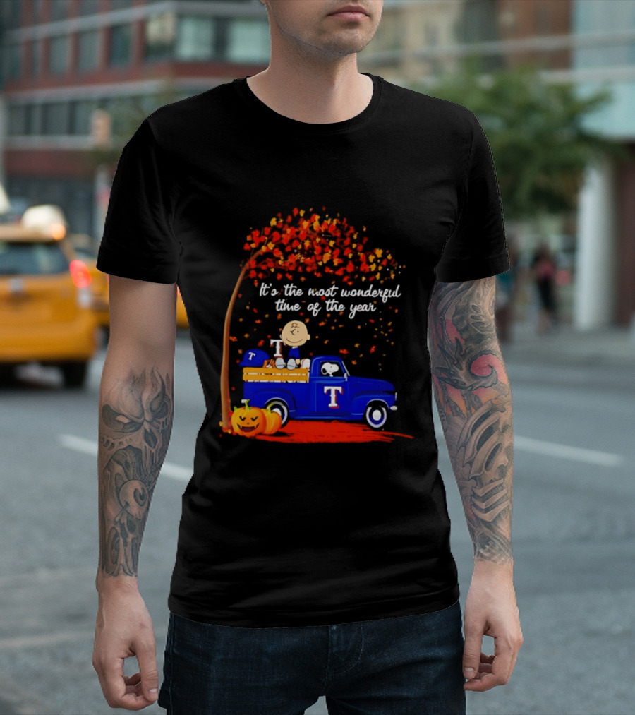 Snoopy Charlie Brown Texas Rangers Halloween 2026 It's The Most Wonderful Time Of The Year Truck Pumpkins T-Shirt