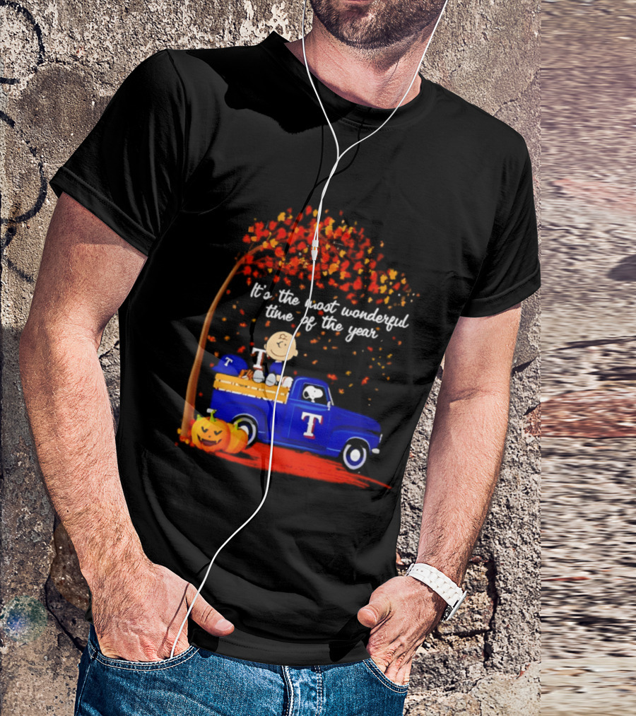 Snoopy Charlie Brown Texas Rangers Halloween 2026 It's The Most Wonderful Time Of The Year Truck Pumpkins T-Shirt