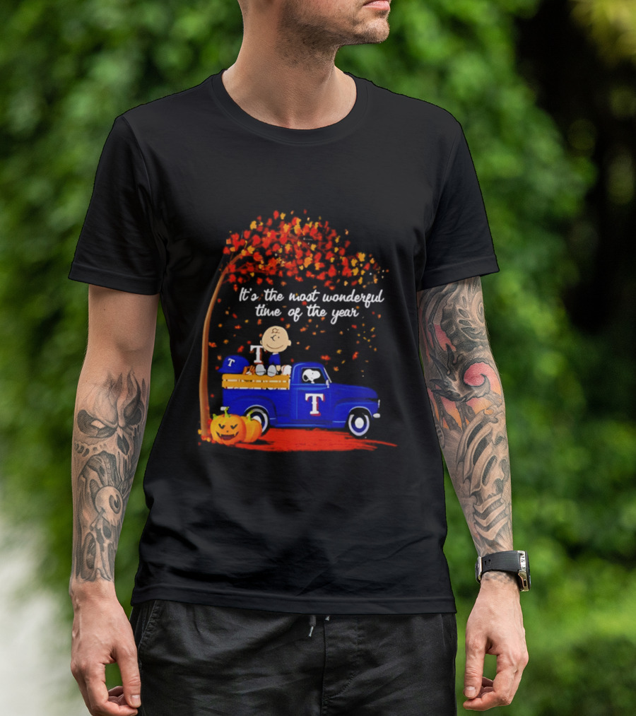 Snoopy Charlie Brown Texas Rangers Halloween 2026 It's The Most Wonderful Time Of The Year Truck Pumpkins T-Shirt