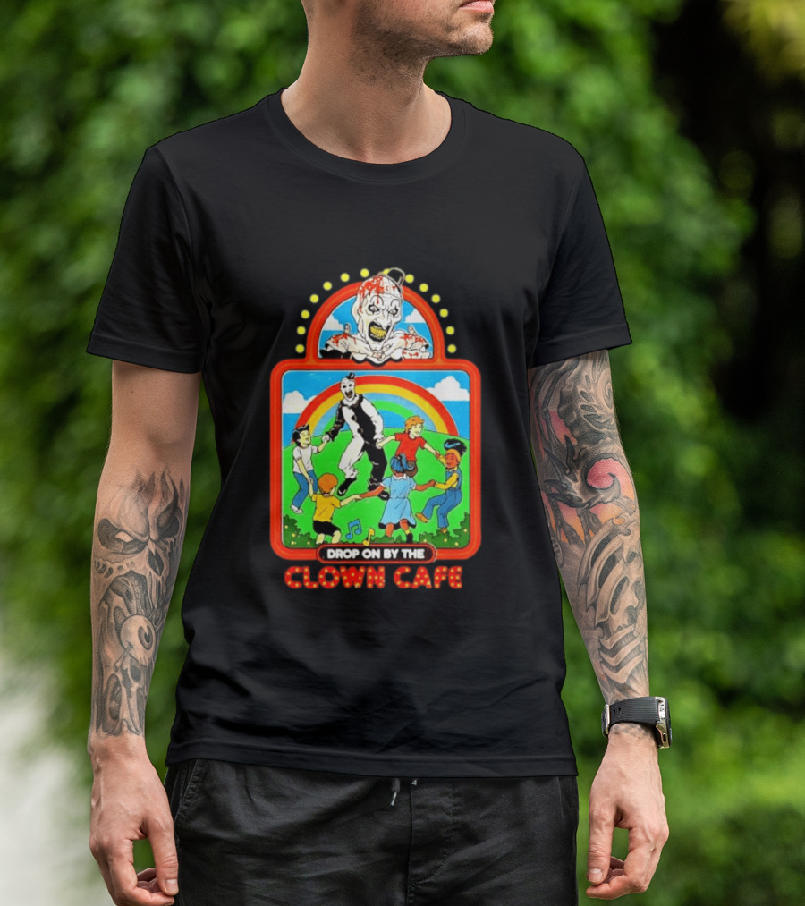 Drop On By The Clown Cafe Creepy Clown Horror With Rainbow And Dancing Kids T-Shirt