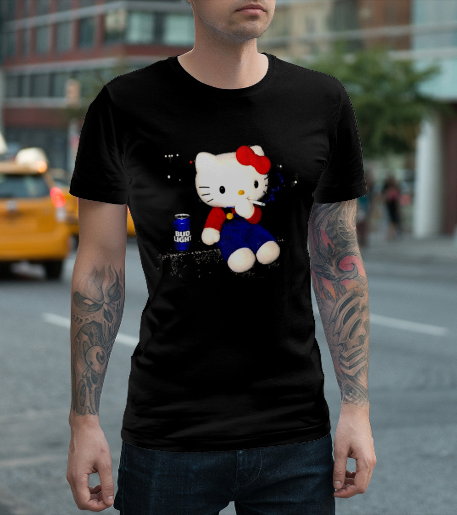 Hello Kitty With Smoking And Bud Light Can T-Shirt
