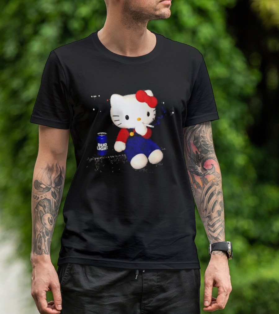 Hello Kitty With Smoking And Bud Light Can T-Shirt