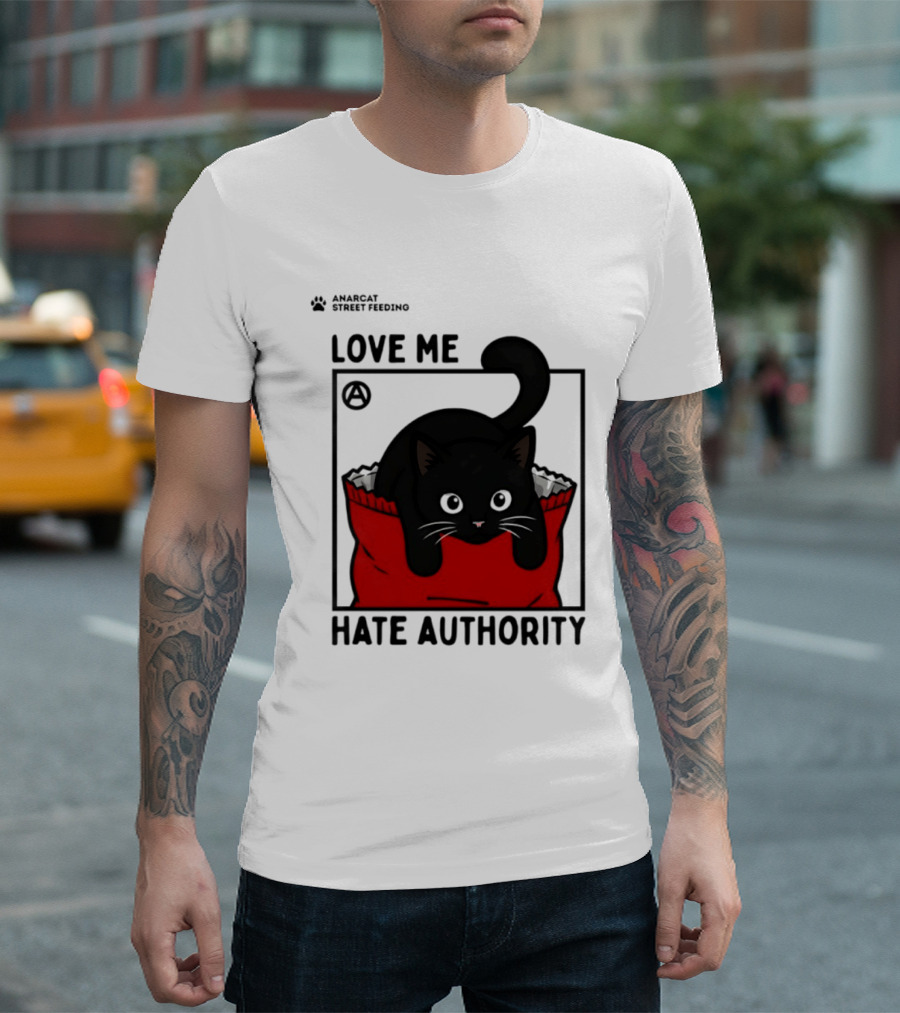 Anarcat Street Feeding Love Me Hate Authority Black Cat Red Bag T-Shirt