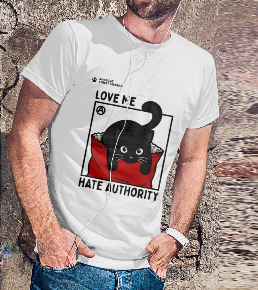 Anarcat Street Feeding Love Me Hate Authority Black Cat Red Bag T-Shirt