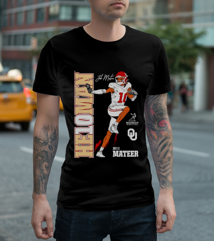 HE10MAN J Mateer Oklahoma Sooners Heisman Stance Player Number 10 T-Shirt