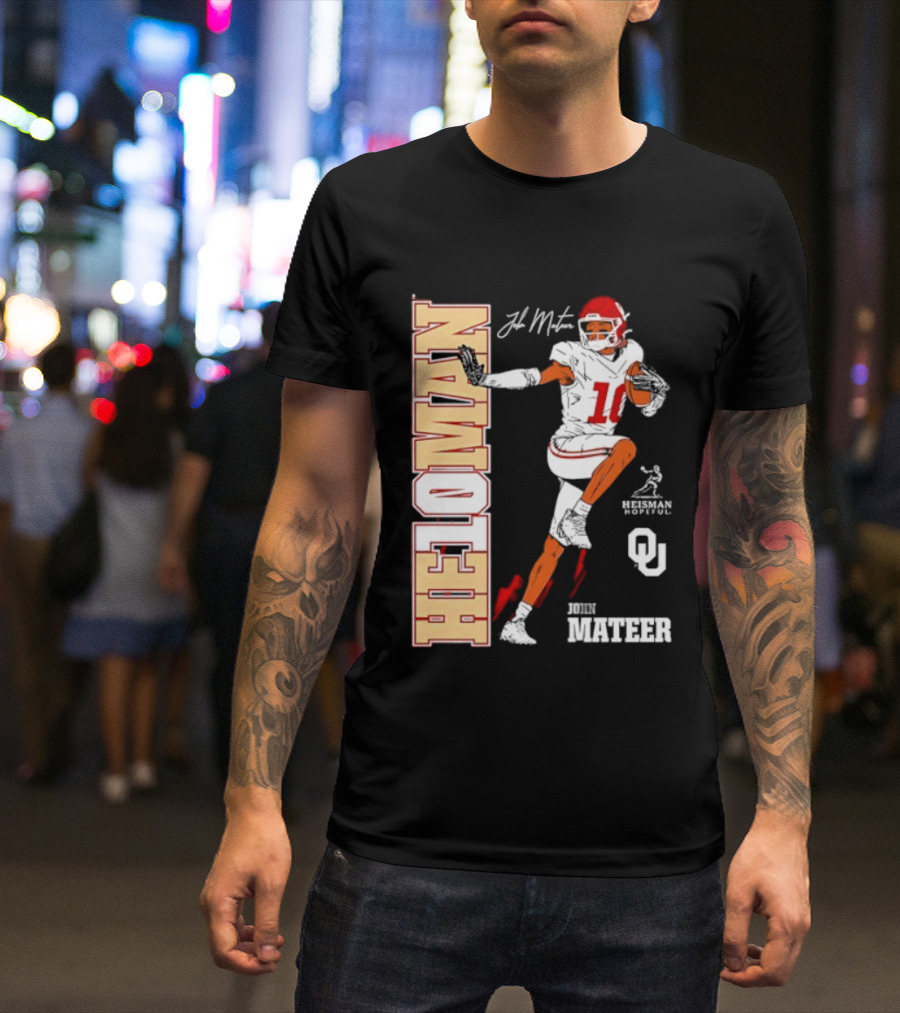 HE10MAN J Mateer Oklahoma Sooners Heisman Stance Player Number 10 T-Shirt