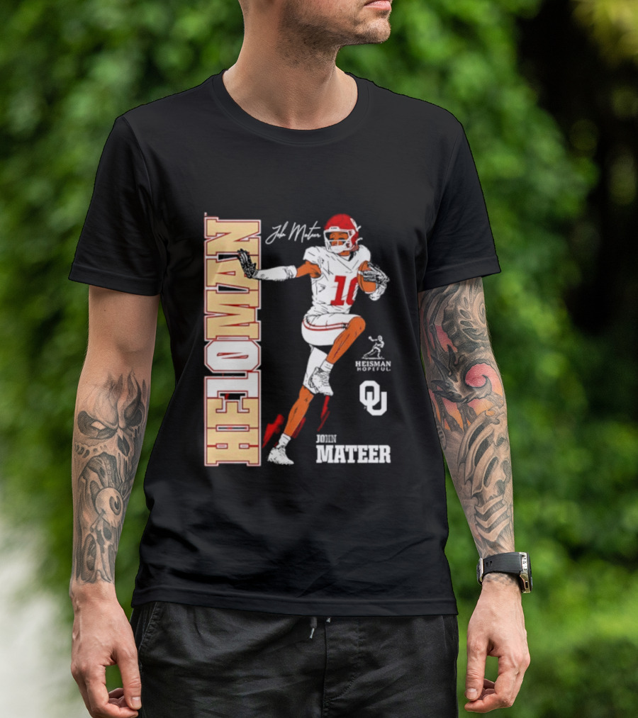 HE10MAN J Mateer Oklahoma Sooners Heisman Stance Player Number 10 T-Shirt