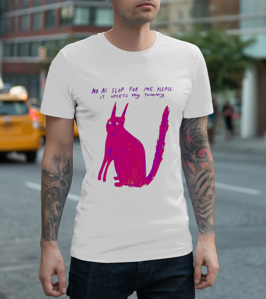 No AI Slop For Me Please It Upsets My Tummy Pink Cat T-Shirt