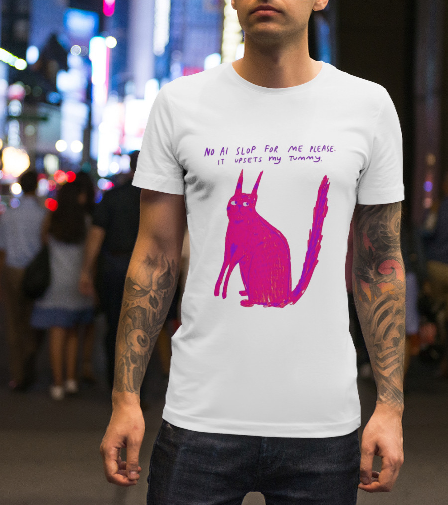 No AI Slop For Me Please It Upsets My Tummy Pink Cat T-Shirt