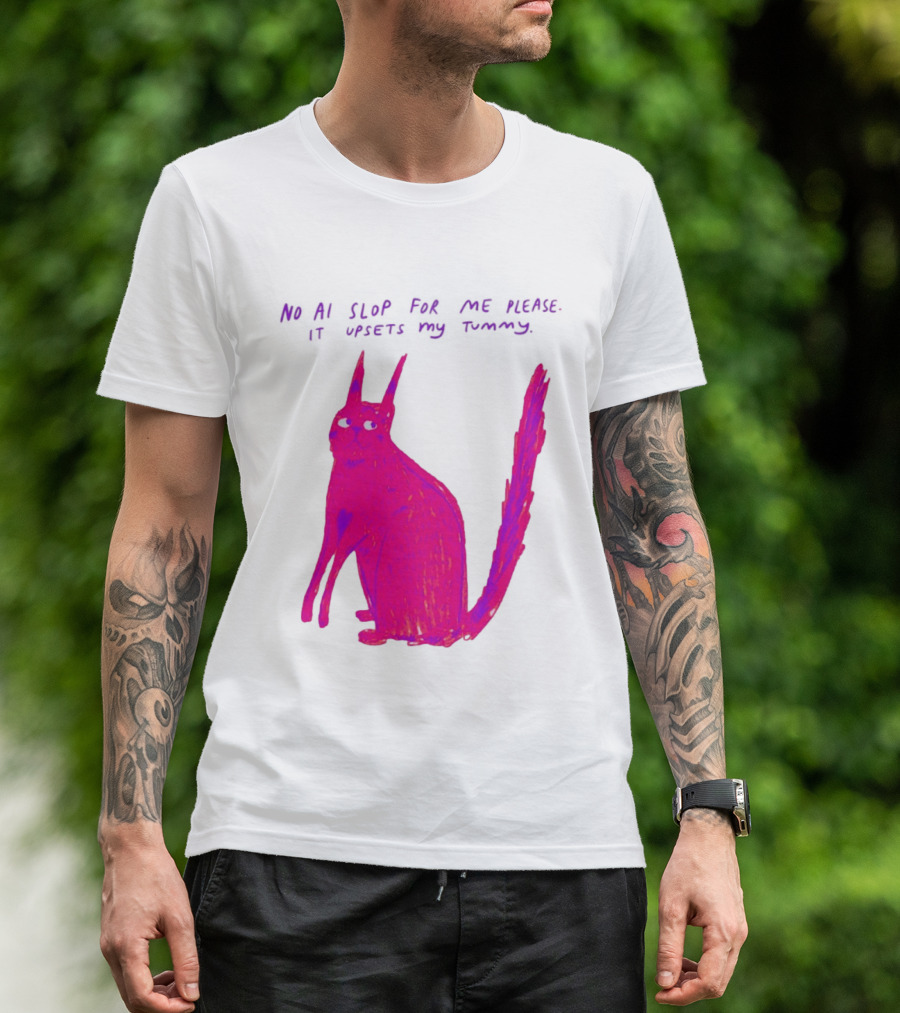 No AI Slop For Me Please It Upsets My Tummy Pink Cat T-Shirt