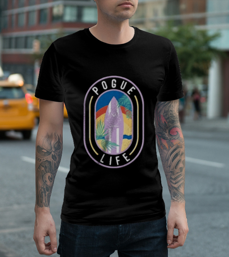 Pogue Life Surfboard And Palm Tree Colorful Tropical T-Shirt