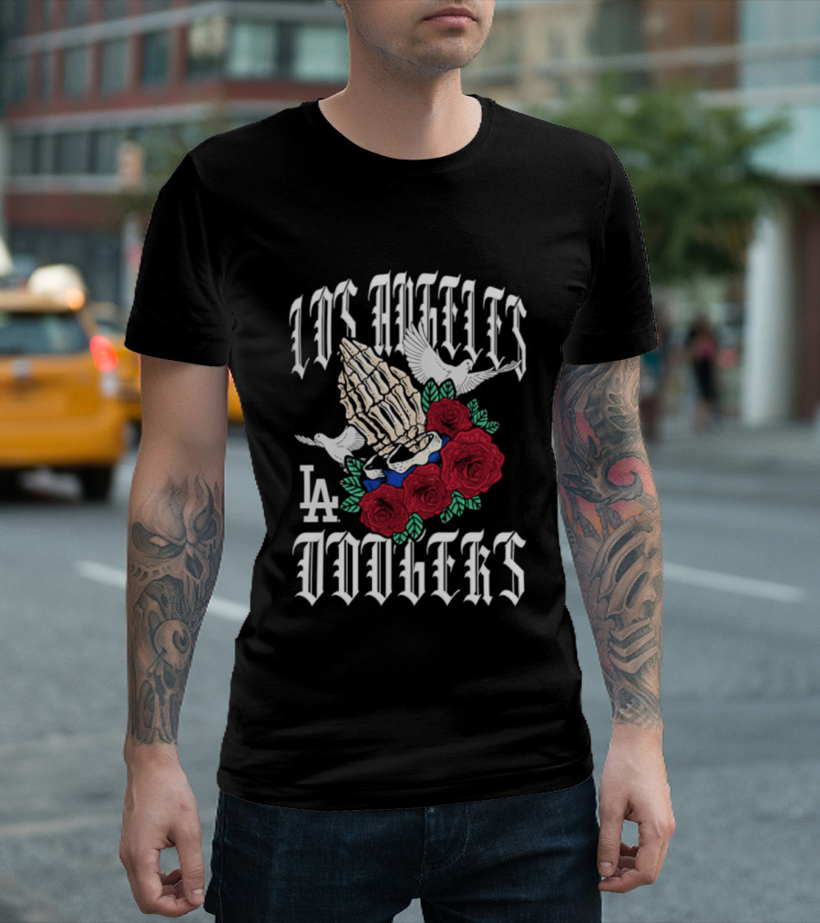 Los Angeles Dodgers Gothic Bloom Praying Hands Roses Halloween 2026 T-Shirt