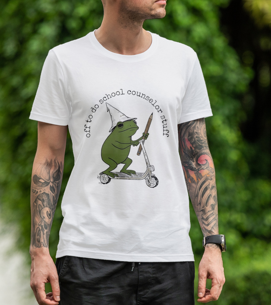 Frog Off To Do School Counselor Stuff With Wizard Hat Riding Scooter T-Shirt