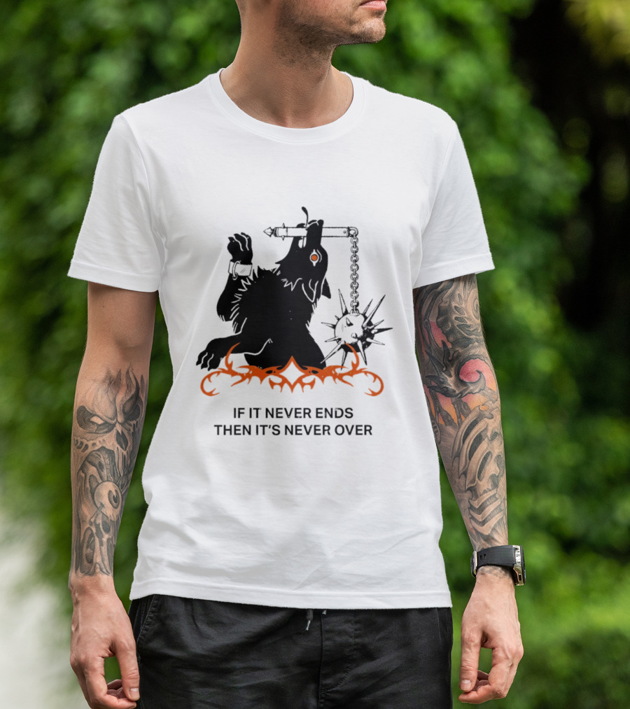 If It Never Ends Then It's Never Over Gothic Skeleton Warrior With Spiked Mace And Orange Flames T-Shirt