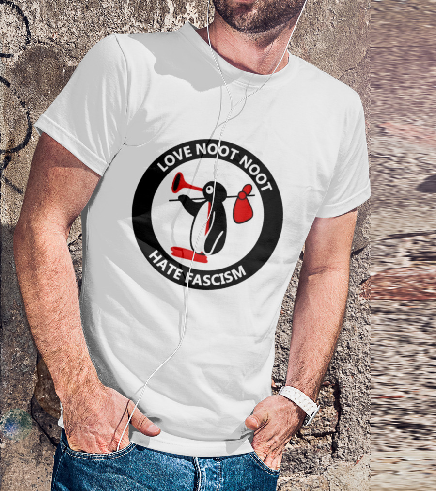 Love Noot Noot Hate Fascism Penguin Carrying Red Bag T-Shirt