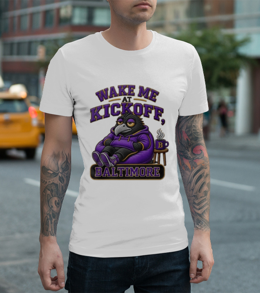 Wake Me At Kickoff Baltimore Purple Bird With Coffee T-Shirt