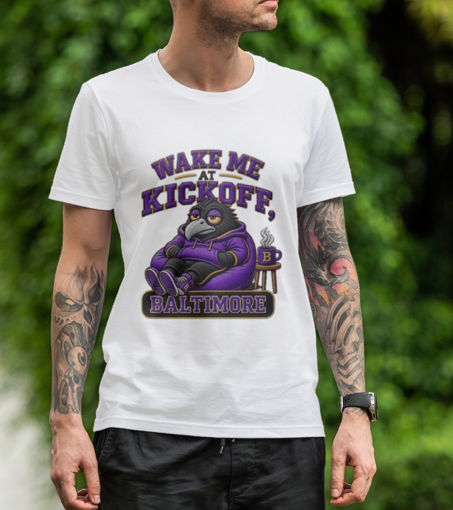 Wake Me At Kickoff Baltimore Purple Bird With Coffee T-Shirt