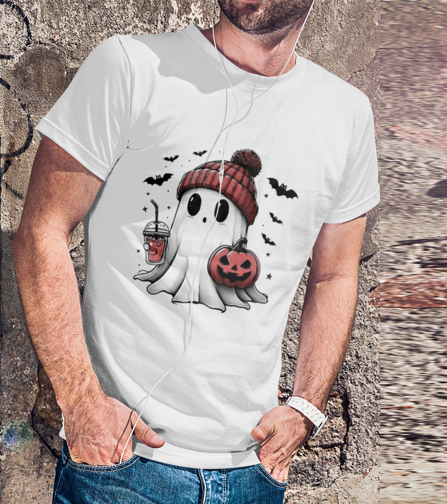 Ghost In Beanie With Pumpkin And Coffee Halloween 2026 T-Shirt