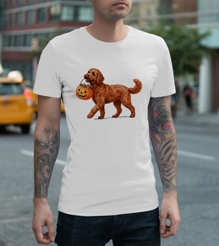 Goldendoodle Halloween Spooky Dog 2026 Pumpkin Treat Bucket T-Shirt