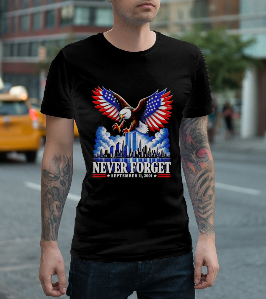 Never Forget September 11 2001 Eagle American Flag Twin Towers Memorial T-Shirt