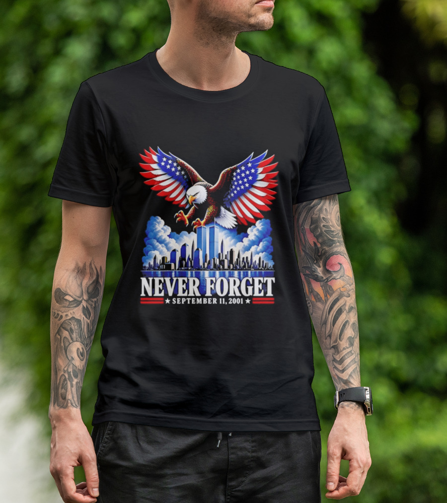 Never Forget September 11 2001 Eagle American Flag Twin Towers Memorial T-Shirt
