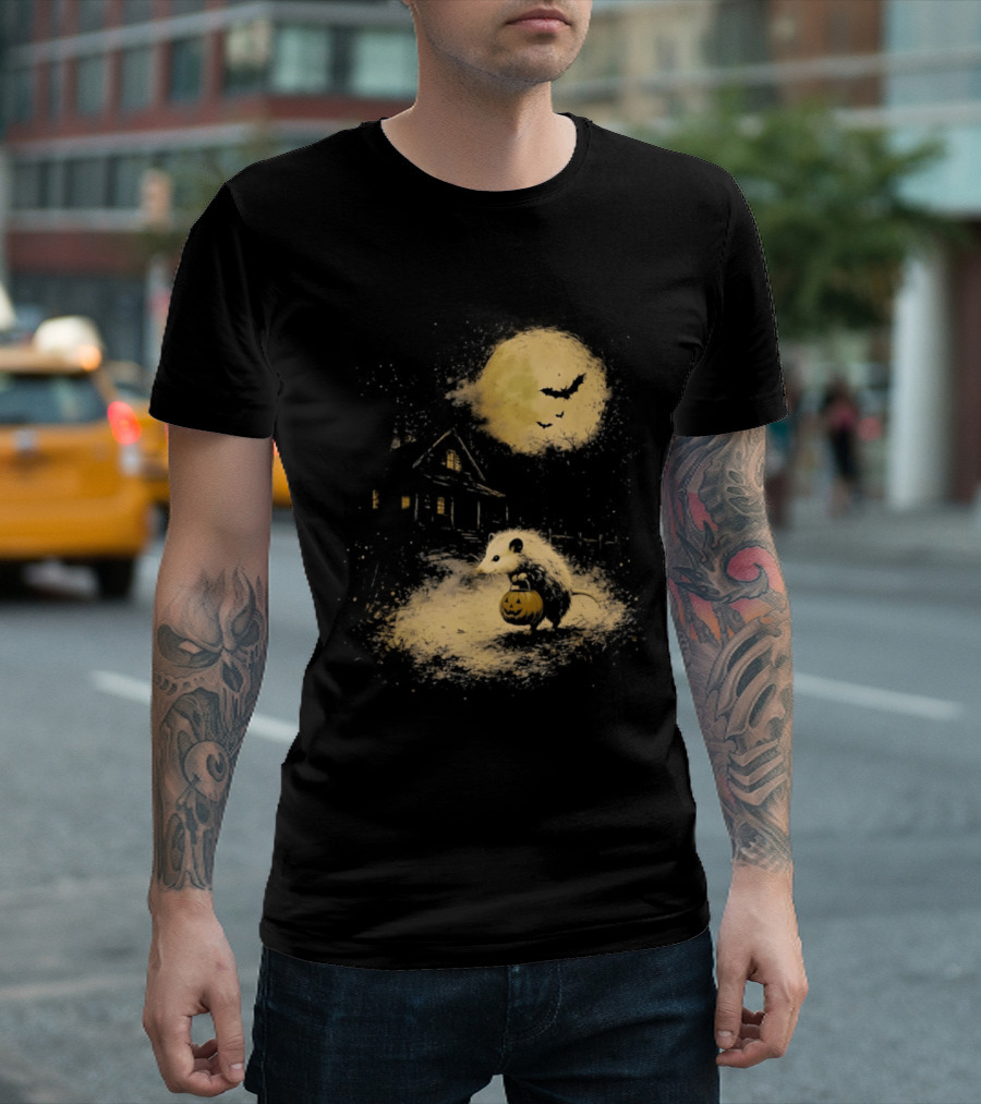 Opossum Halloween 2026 Pumpkin Spooky Moon Haunted House Scene T-Shirt