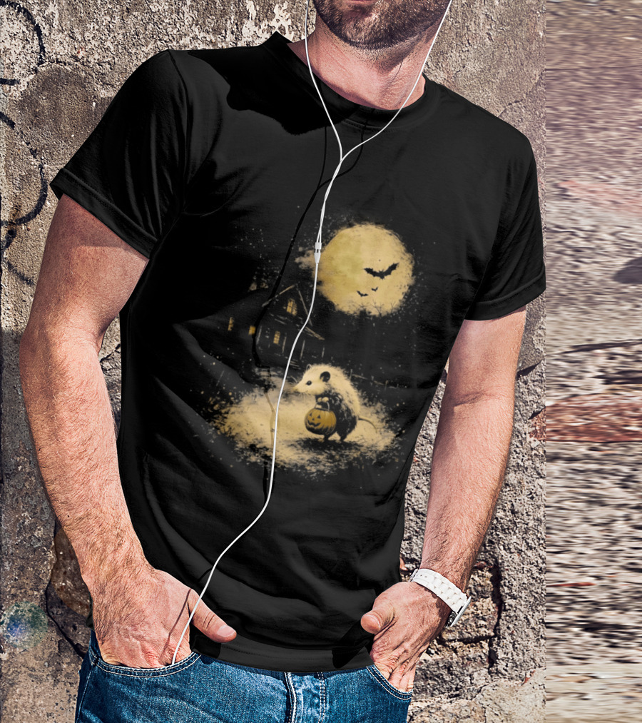 Opossum Halloween 2026 Pumpkin Spooky Moon Haunted House Scene T-Shirt