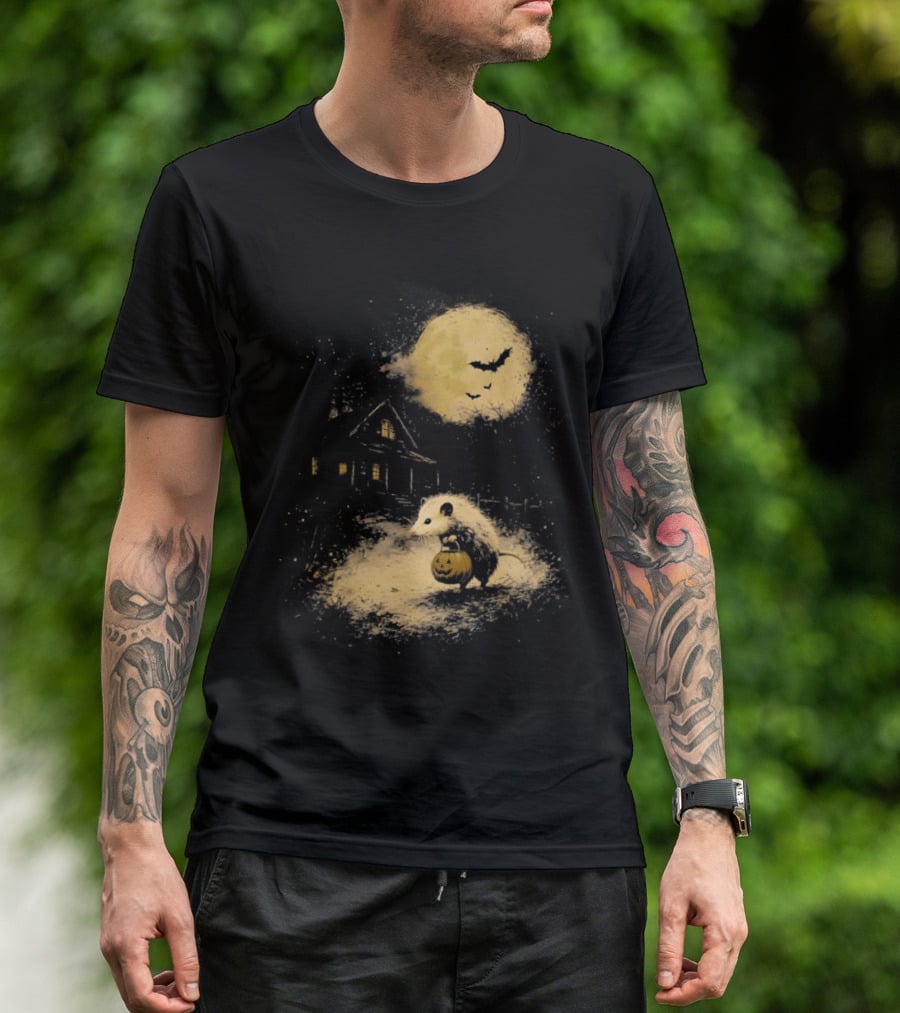 Opossum Halloween 2026 Pumpkin Spooky Moon Haunted House Scene T-Shirt