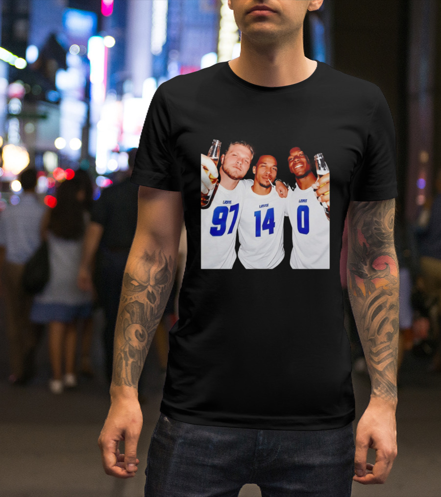 Detroit Lions Aidan Hutchinson Amon Ra St. Brown Jahmyr Gibbs Holding Beer Bottles Smoking Celebration T-Shirt