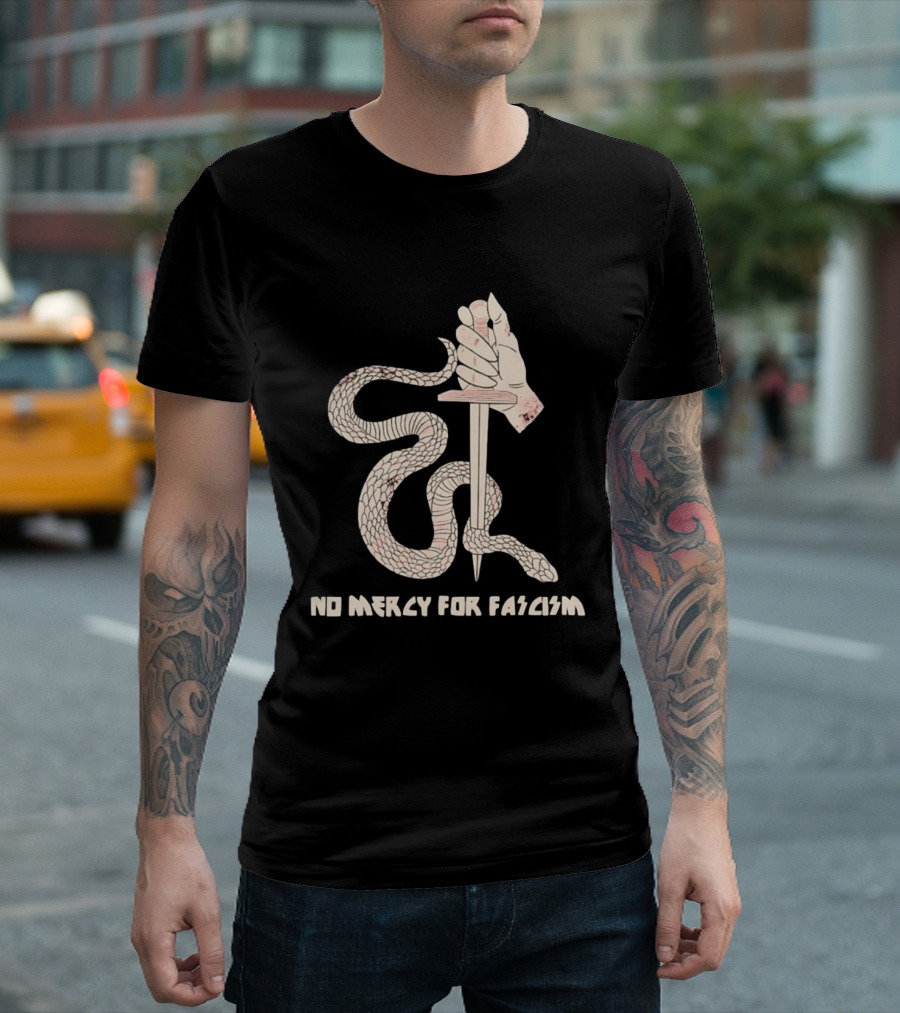 No Mercy For Fascism Snake Winding Around Dagger And Hand T-Shirt
